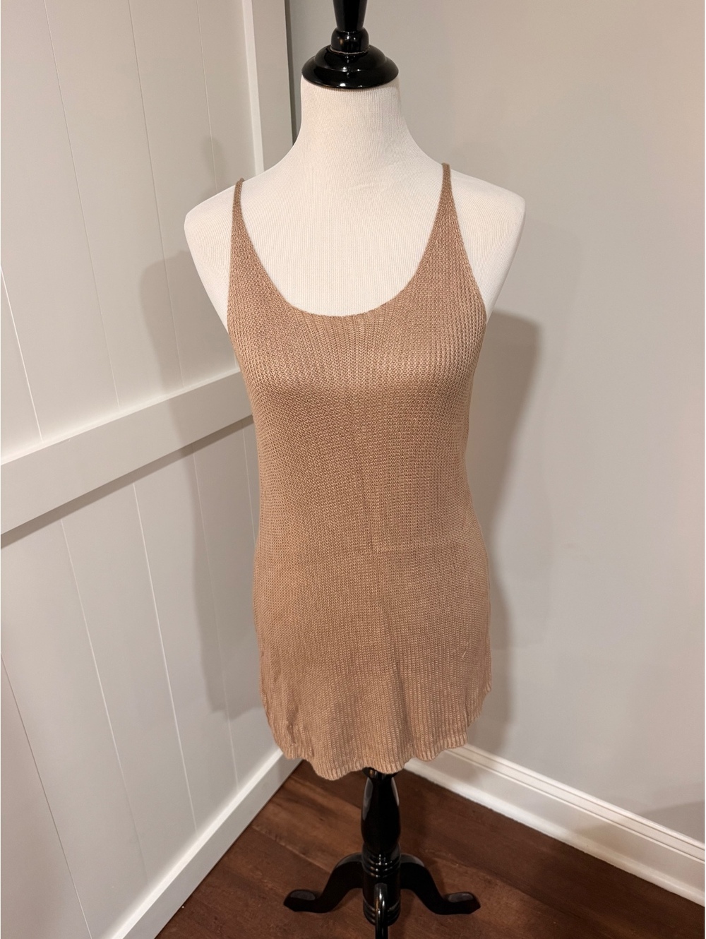 Khaki Viscose Ribbed Knit Tank Top - Size Large